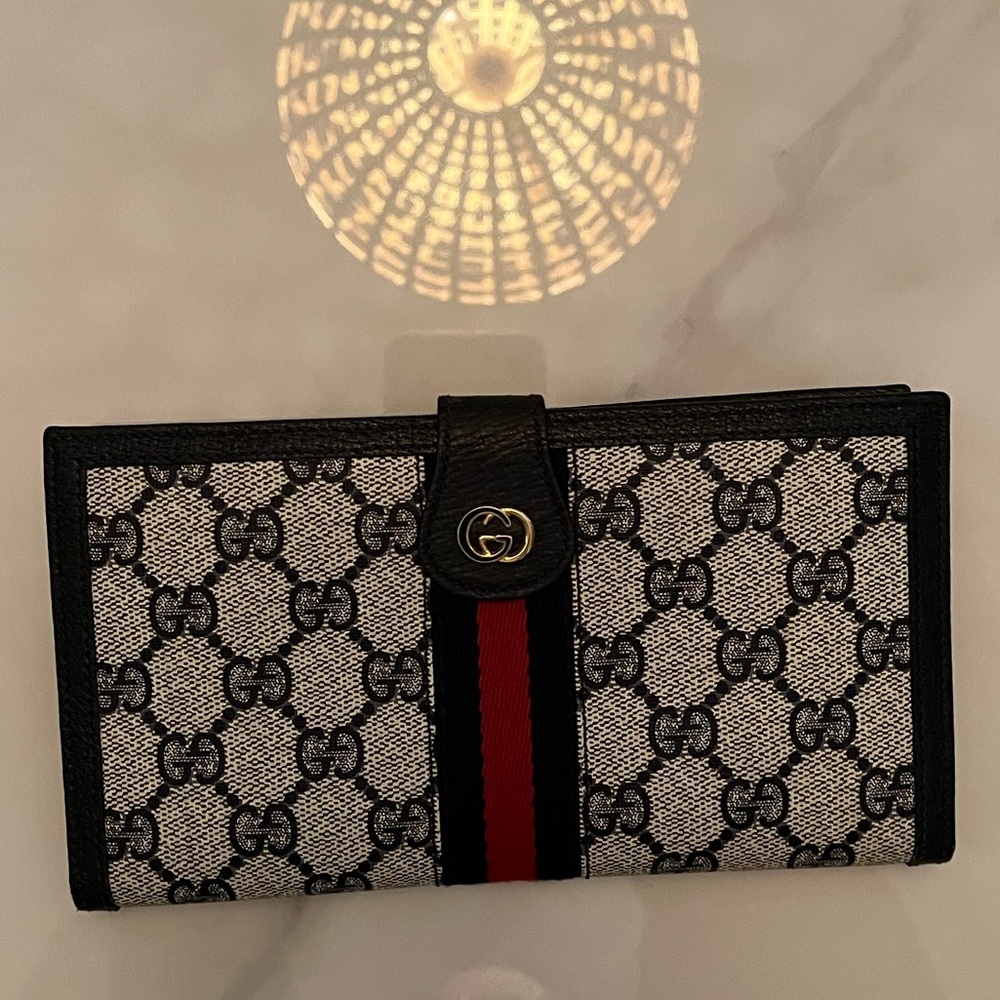 Gucci GG Canvas Wallet with Red and Navy Stripes